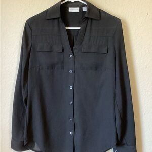 New York & Company Black V-Neck Button Down Shirt Size: XS Chiffon Feel
